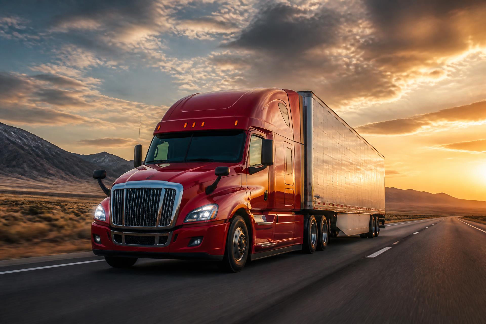 Semi-truck on open highway at golden hour
