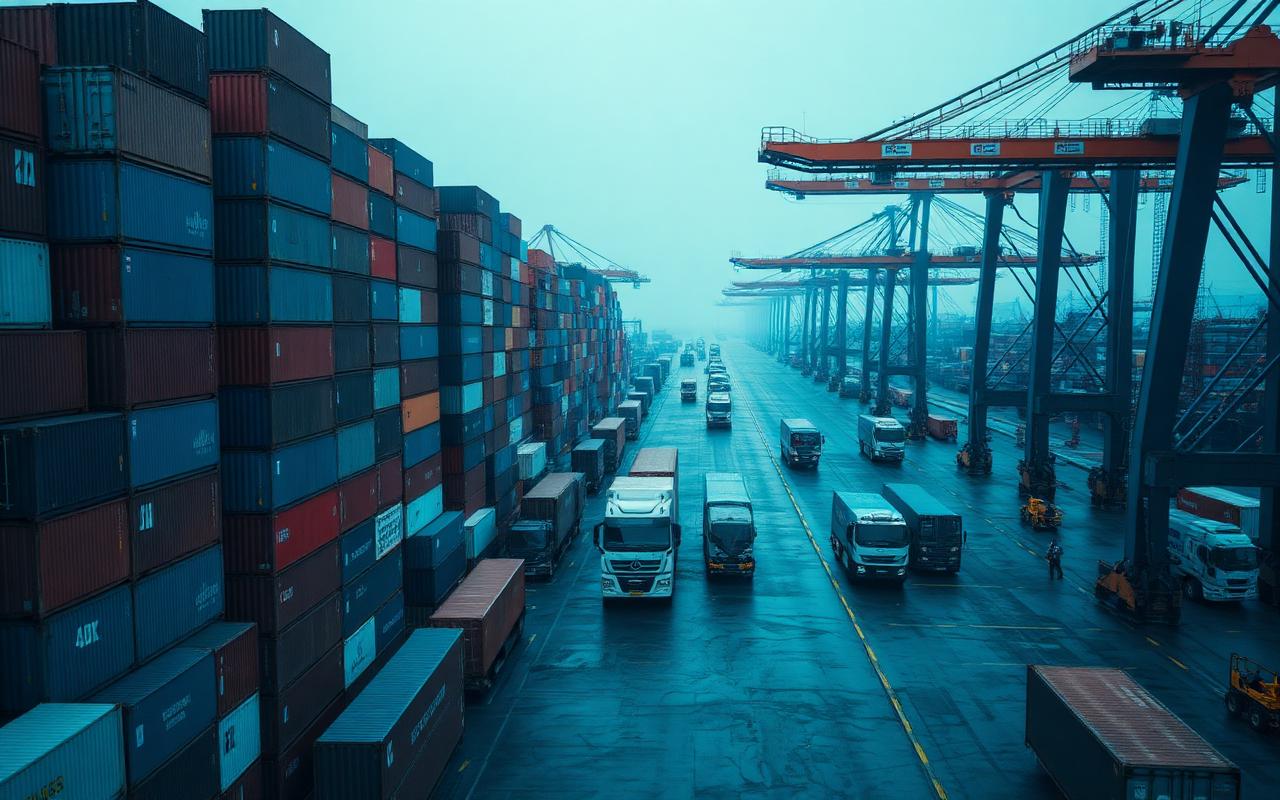Container terminal with trucks loading drayage freight